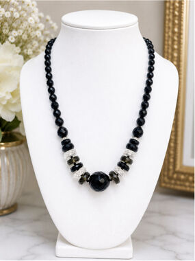 Vintage Czech Black Faceted Glass Bead Necklace Clear Crystal Accents 17"